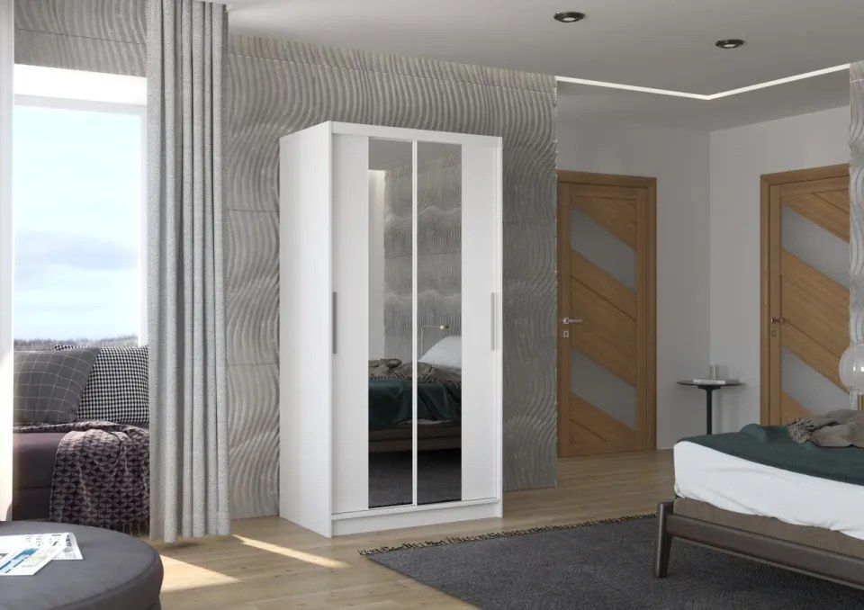 Dulap cu usi glisante si oglinda 100x200 cm, Dragonis, ADRK Furniture (Culoare: Alb / Negru)