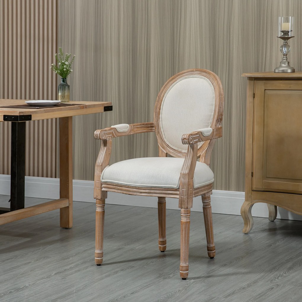 HOMCOM Scaun de Sufragerie cu Brațe, Scaune în Stil Clasic cu Tapițerie din Material Textil, 56x54x96 cm, Alb Crem | Aosom Romania