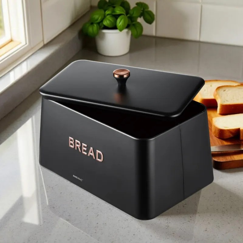 Cutie de pâine Kinghoff KH 1949, 35 cm, Corp metalic, Capac bambus, Negru