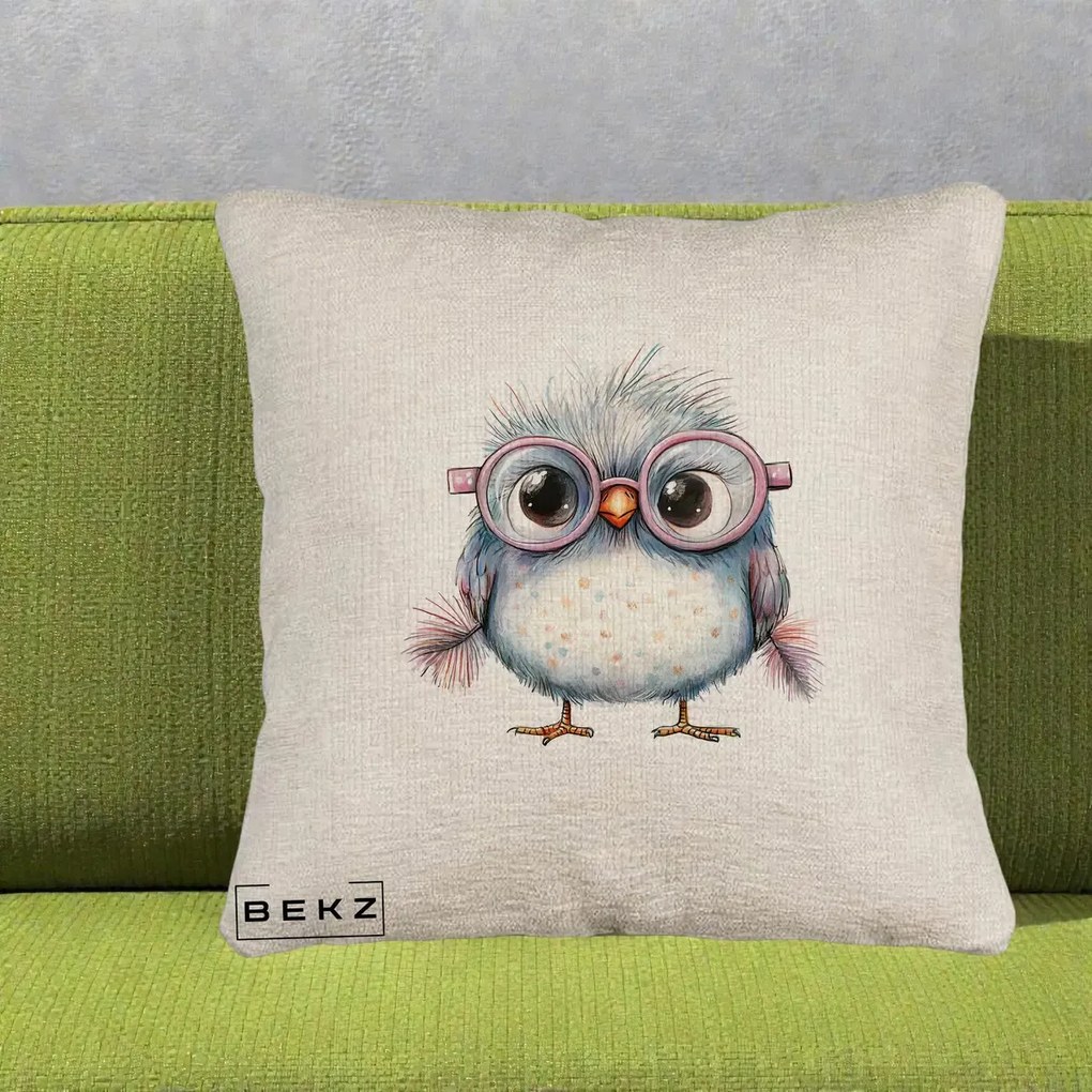 Perna Decorativa Pui Pufos cu Ochelari Roz, 40x40 cm, Bej Canapea, Husa Detasabila, Perna Inclusa, BEKZ®