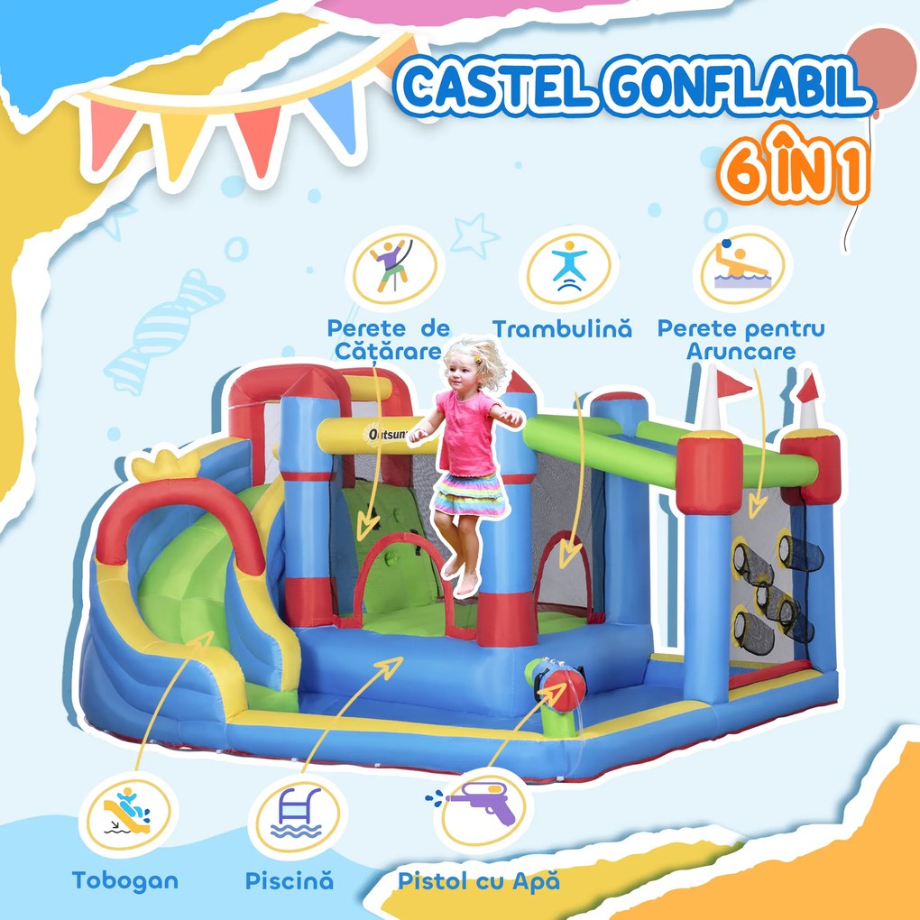 Outsunny Castel Gonflabil 5-în-1 pentru Copii, cu Sac Transport, 3-8 Ani, 3,9x3x2m, Multicolor | Aosom Romania