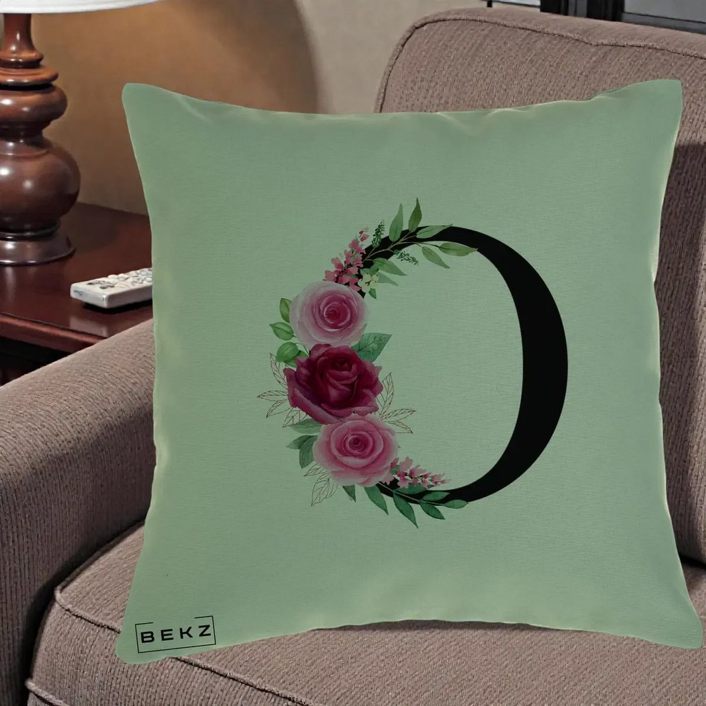 Cadou Personalizat - Perna Personalizata Monograma Florala Litera O, 40x40 cm, Verde, Husa Detasabila, Perna Inclusa, BEKZ®