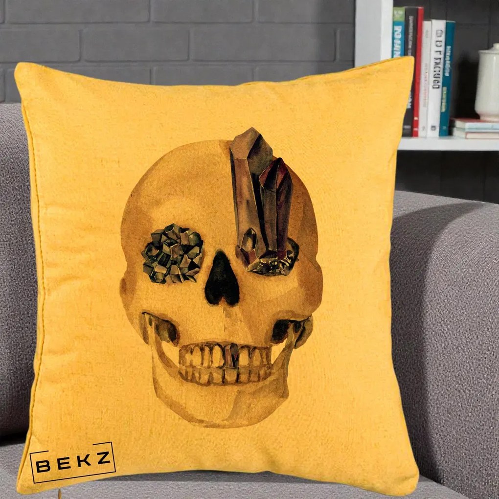 Perna Decorativa Craniu cu Cristale de Ametist, 40x40 cm, Galben, Husa Detasabila, Perna Inclusa, BEKZ®