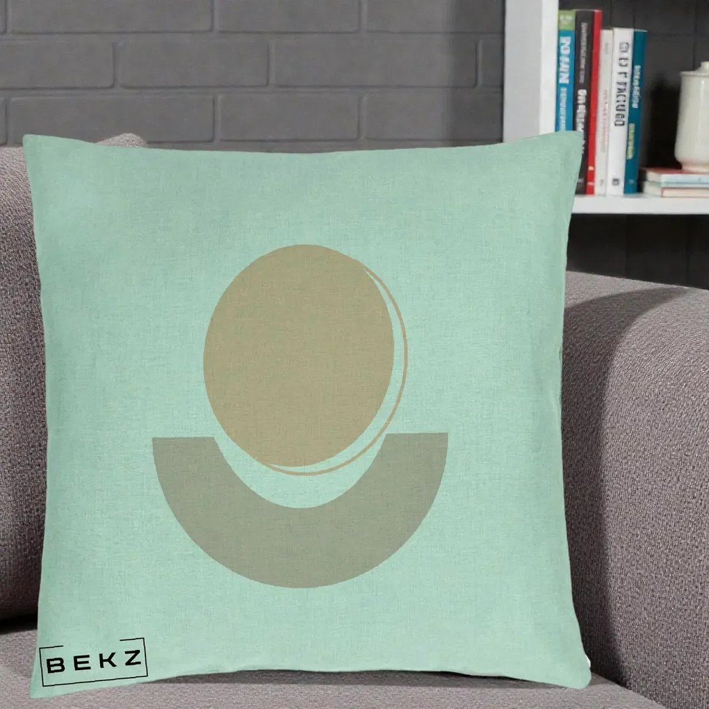 Perna Decorativa Geometric Boho Luna si Disc, 40x40 cm, Verde Menta, Husa Detasabila, Perna Inclusa, BEKZ®