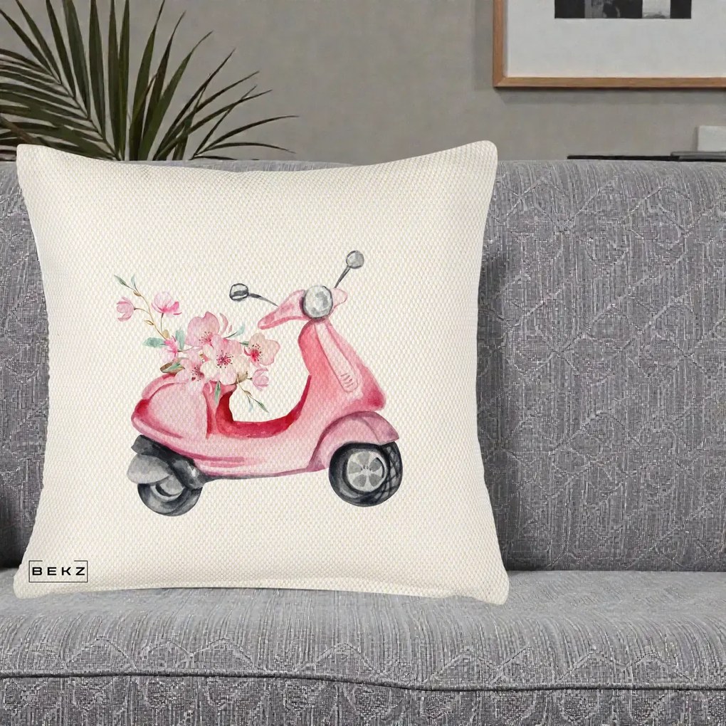 Perna Decorativa Scuter Roz cu Flori Acuarela, 40x40 cm, Crem Reliefat, Husa Detasabila, Perna Inclusa, BEKZ®