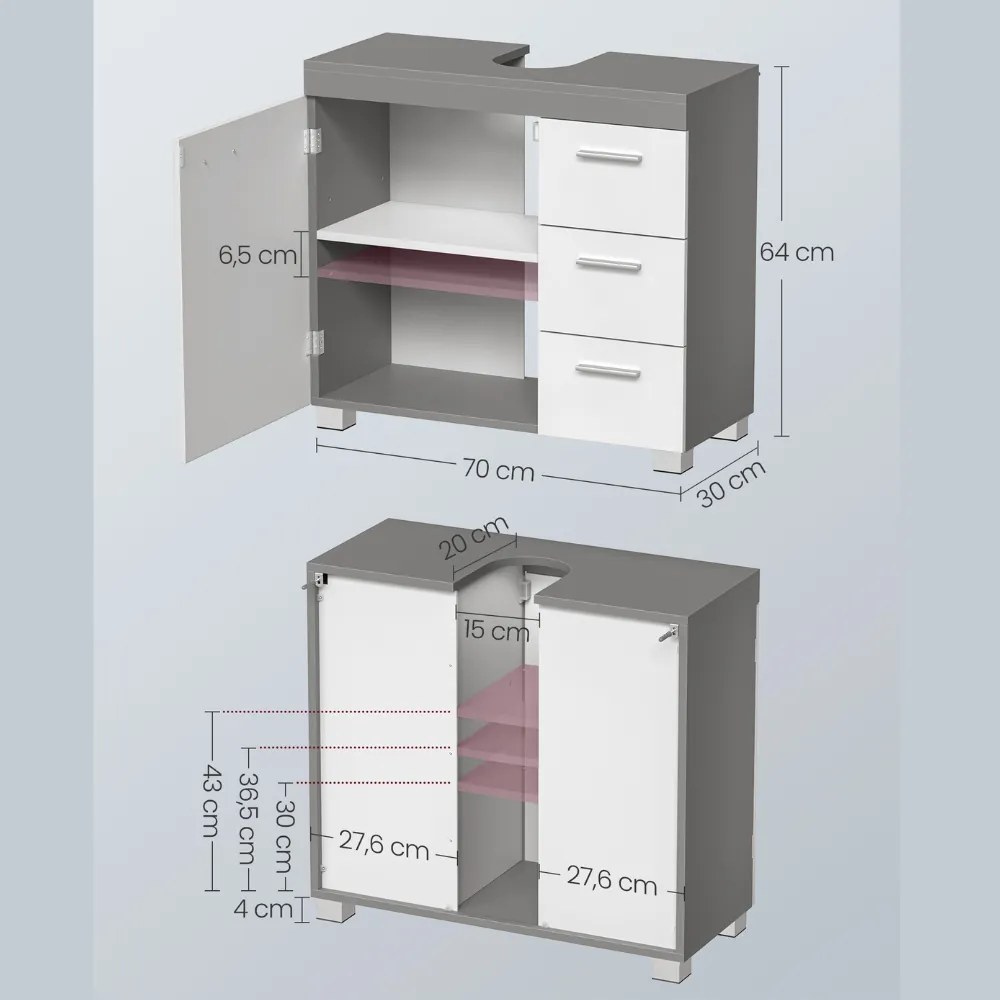 Dulap pentru chiuvetă IVY, 30x70x64 cm, alb/gri Vasagle