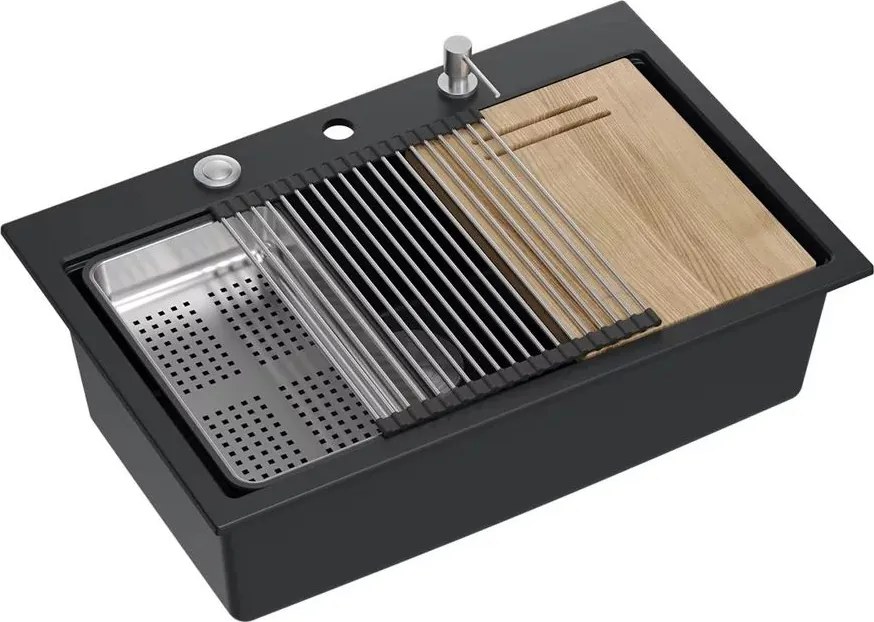 Statie de lucru incastrata Quadron Unique Marc 110 negru carbon - inox 1 cuva 75x49 cm