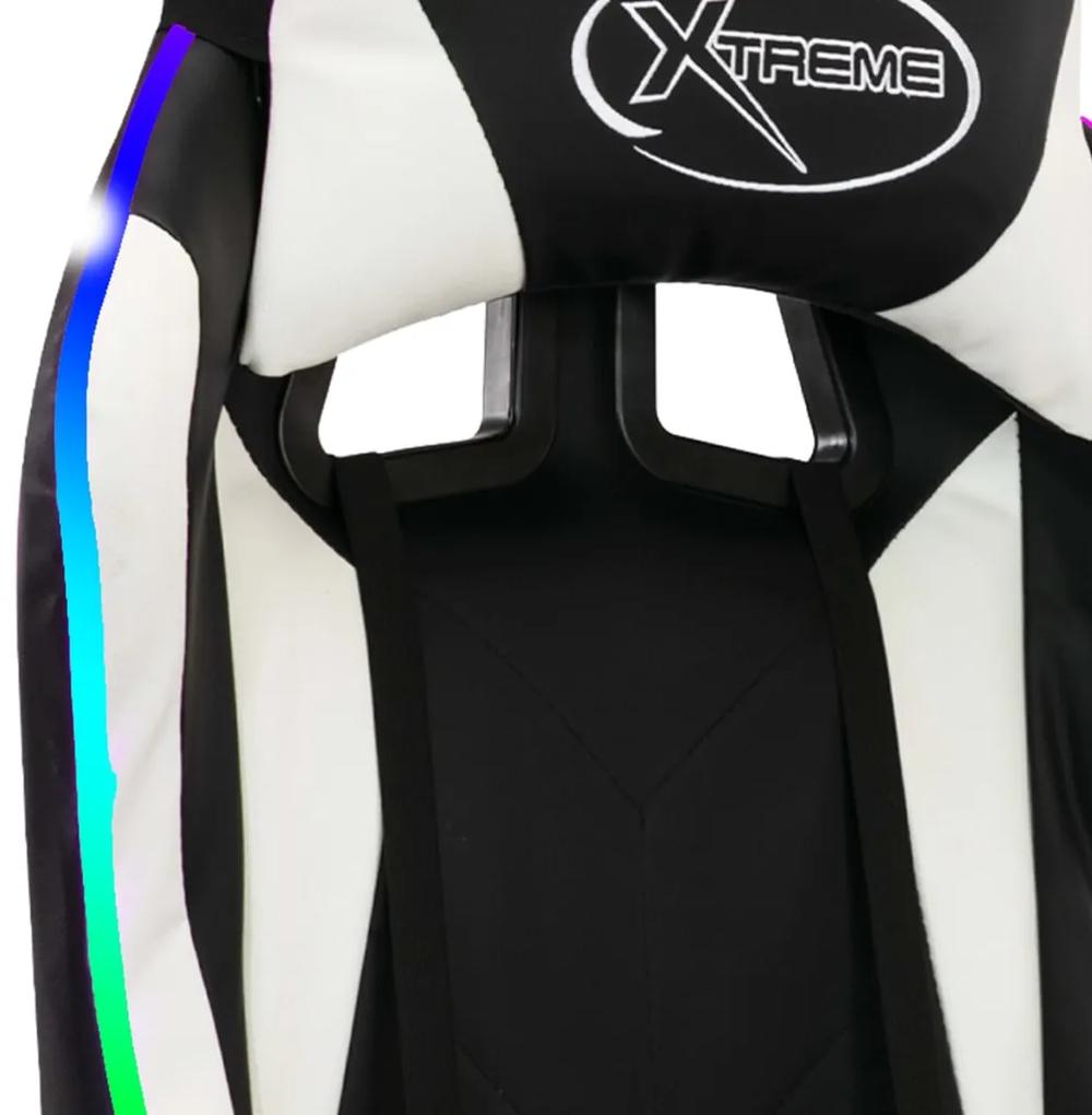 Scaun de racing cu LED RGB, alb si negru, piele ecologica Alb si negru, Cu suport de picioare, 1
