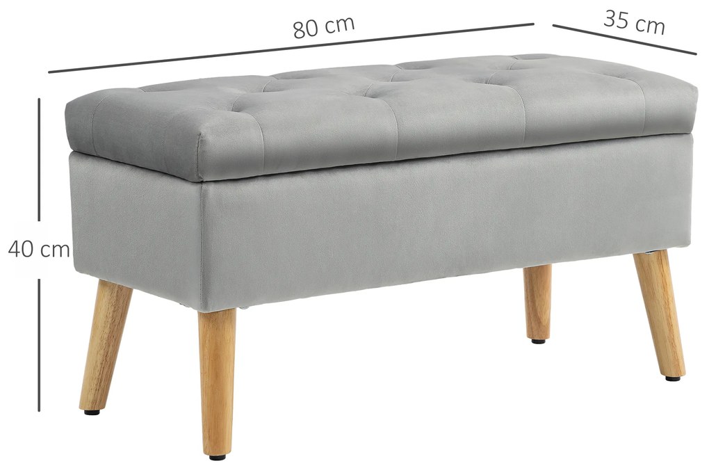 HOMCOM Bancă de depozitare cu material catifelat, picioare din lemn, pentru cameră de zi, dormitor, hol, 80 x 35 x 40 cm, Gri | Aosom Romania