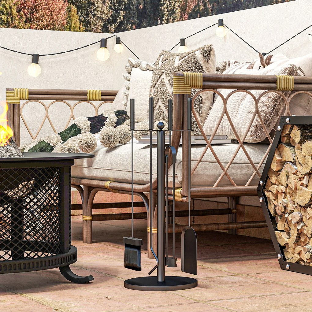 Outsunny Set Accesorii Camino 5 Piese cu Lopată Perie Clești Fier Împins Suport Economisire Spațiu Metal Negru | Aosom Romania