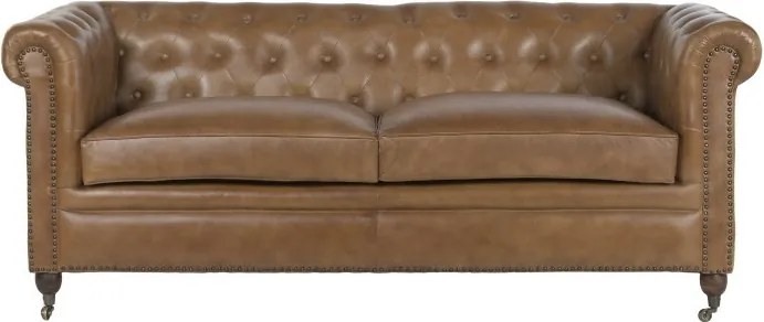 Canapea Chesterfield cu 3 locuri din piele, maro, spătar și brațe capitonate cu ținte, picioare cu rotile, finisaj patinat, 80 x 190 x 77 cm,