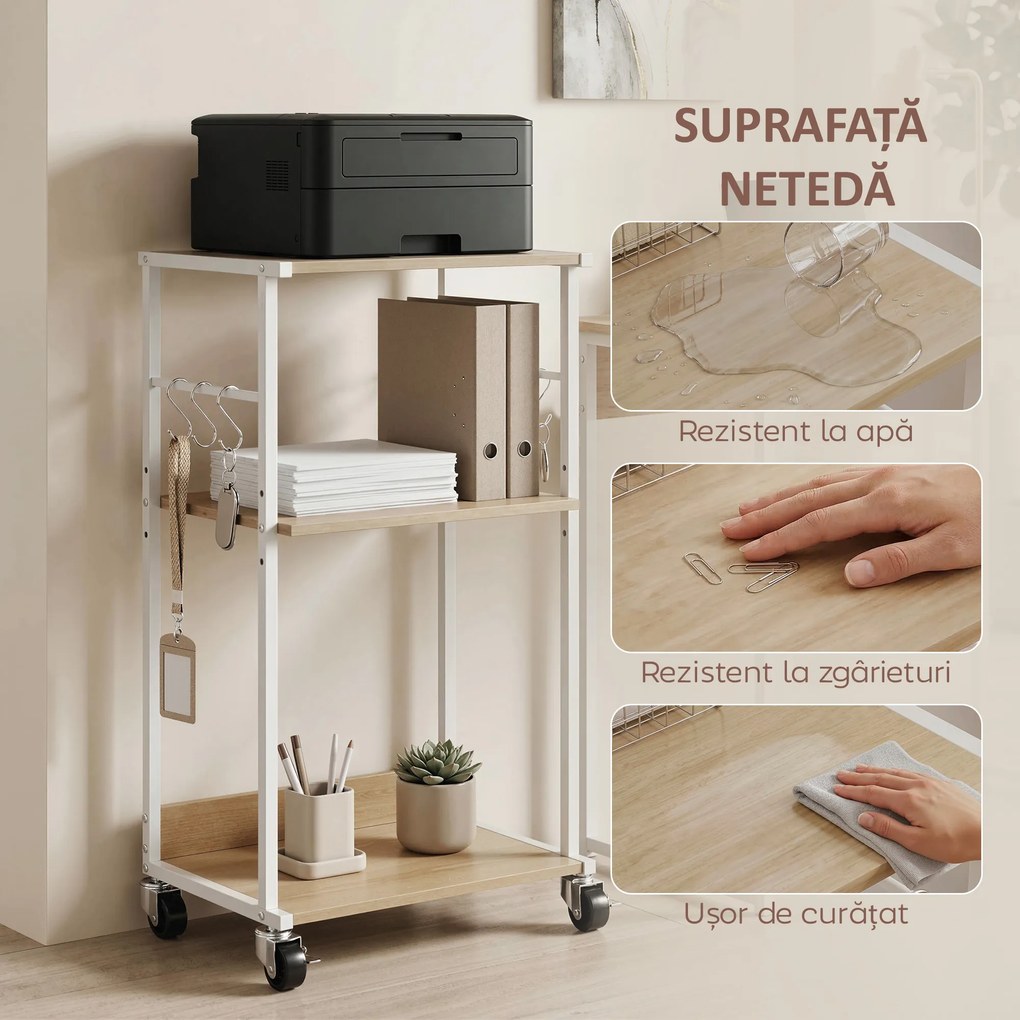 HOMCOM Suport pentru Imprimantă pe 3 Niveluri cu Roți și Cârlige, Masă Modernă, Lemn Natural. | Aosom Romania
