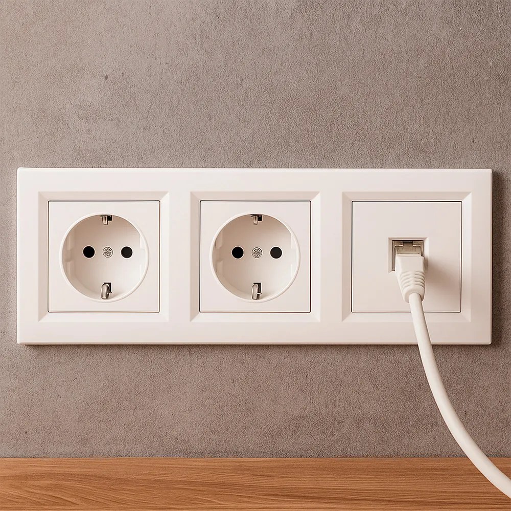 Priză cu două prize împământate Nova III cu conector UTP și cadru alb