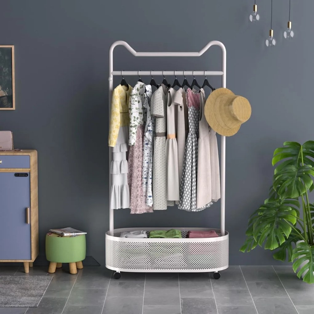 SUAU8 - Suport Haine cu spatiu depozitare, 180 cm inaltime, pentru haine, dressing, dormitor - Auriu / Alb