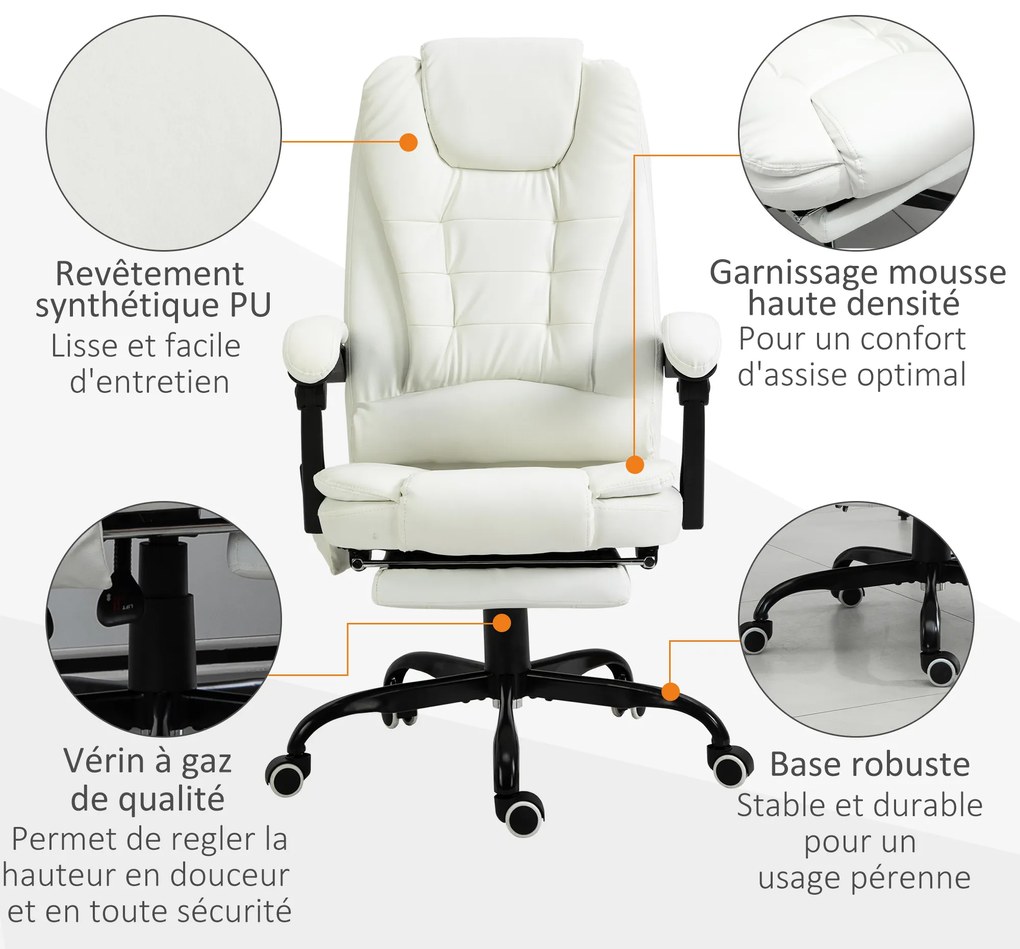 Vinsetto Scaun de birou de masaj, scaun de birou, scaun ergonomic cu înălțime reglabilă, spătar inclinabil și telecomandă cu fir, suport pentru picioare retractabil și pivotant la 360°, alb | Aosom Romania