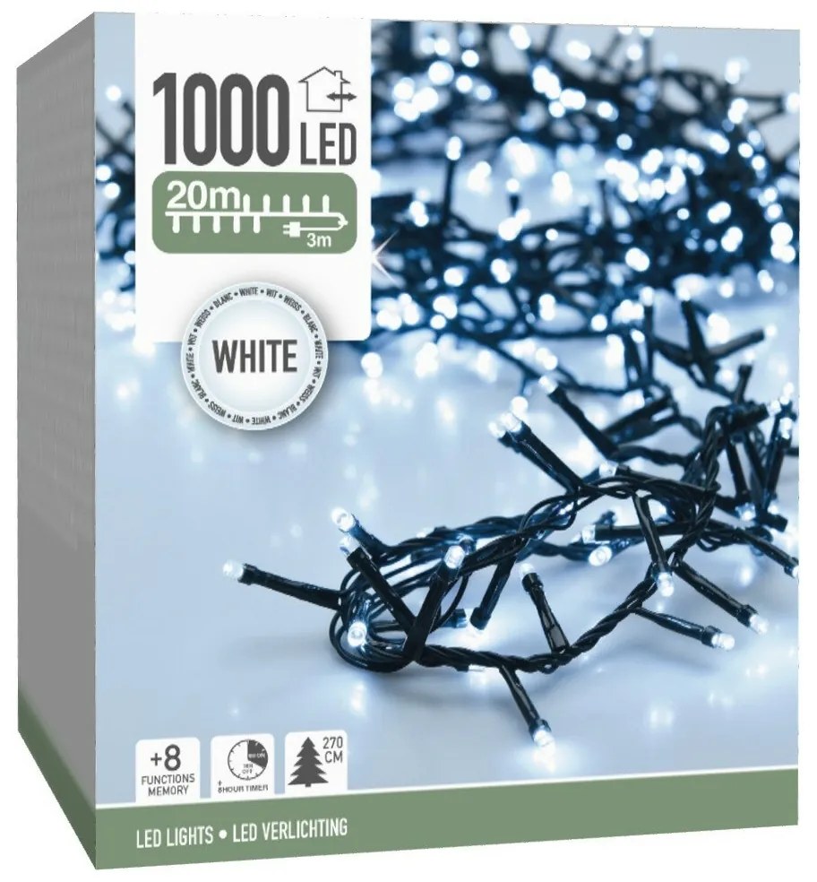 Lanț luminos exterior Twinkle, 20 m, 1000 LED, alb rece, temporizator, IP4, 20 m