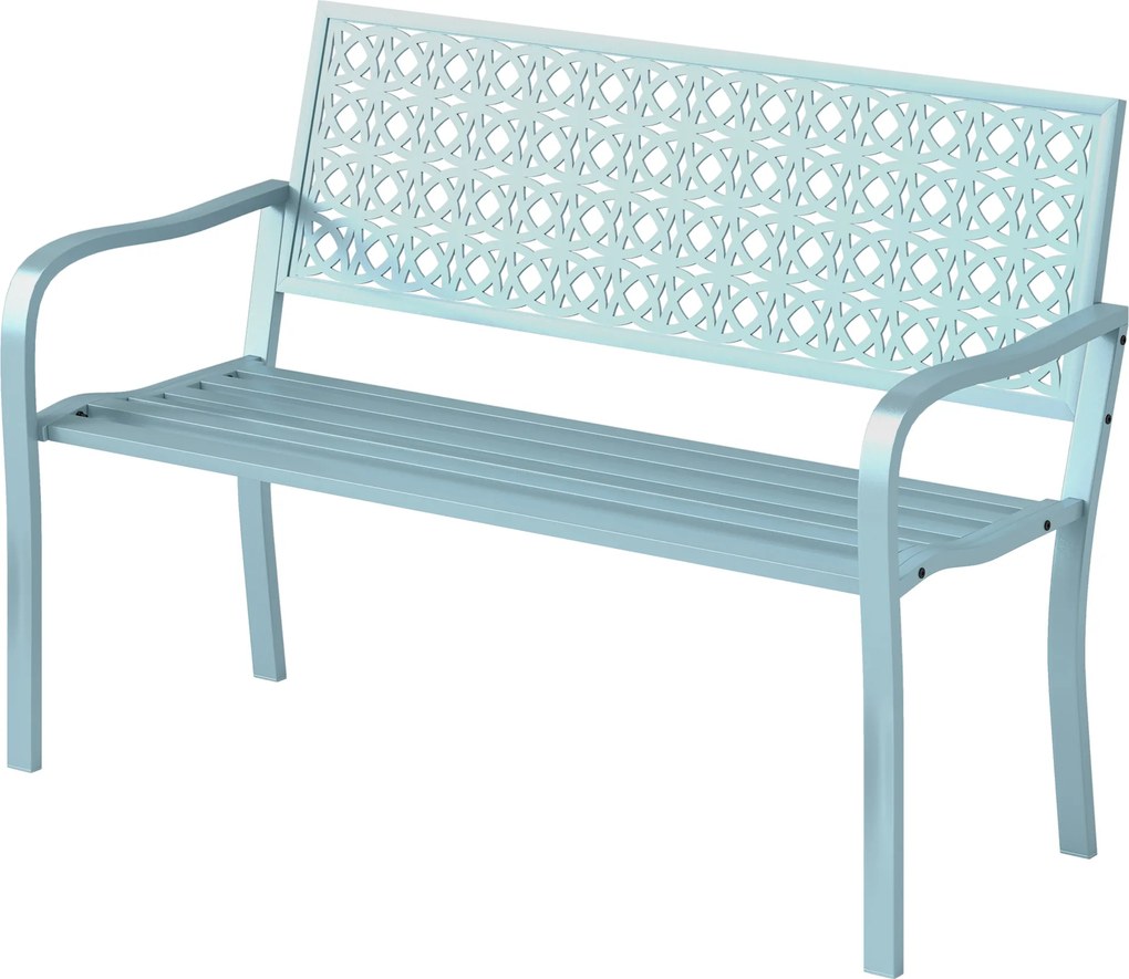 Outsunny Bancă exterioară, bancă de grădină din oțel, spătar decupat, cotiere, pentru 2 persoane, Albastru | Aosom Romania