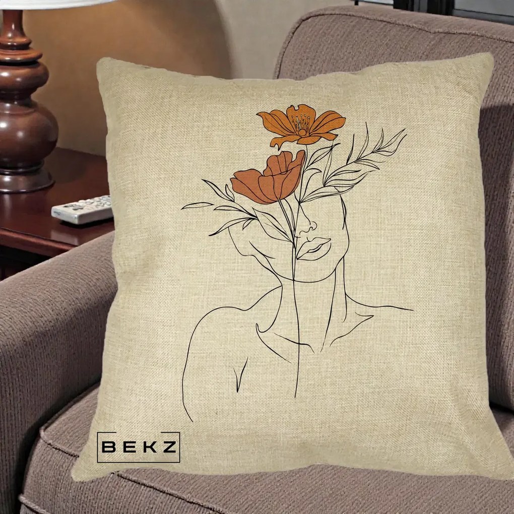 Perna Decorativa Portret Feminin Doua Flori, 40x40 cm, Crem, Husa Detasabila, Perna Inclusa, BEKZ®