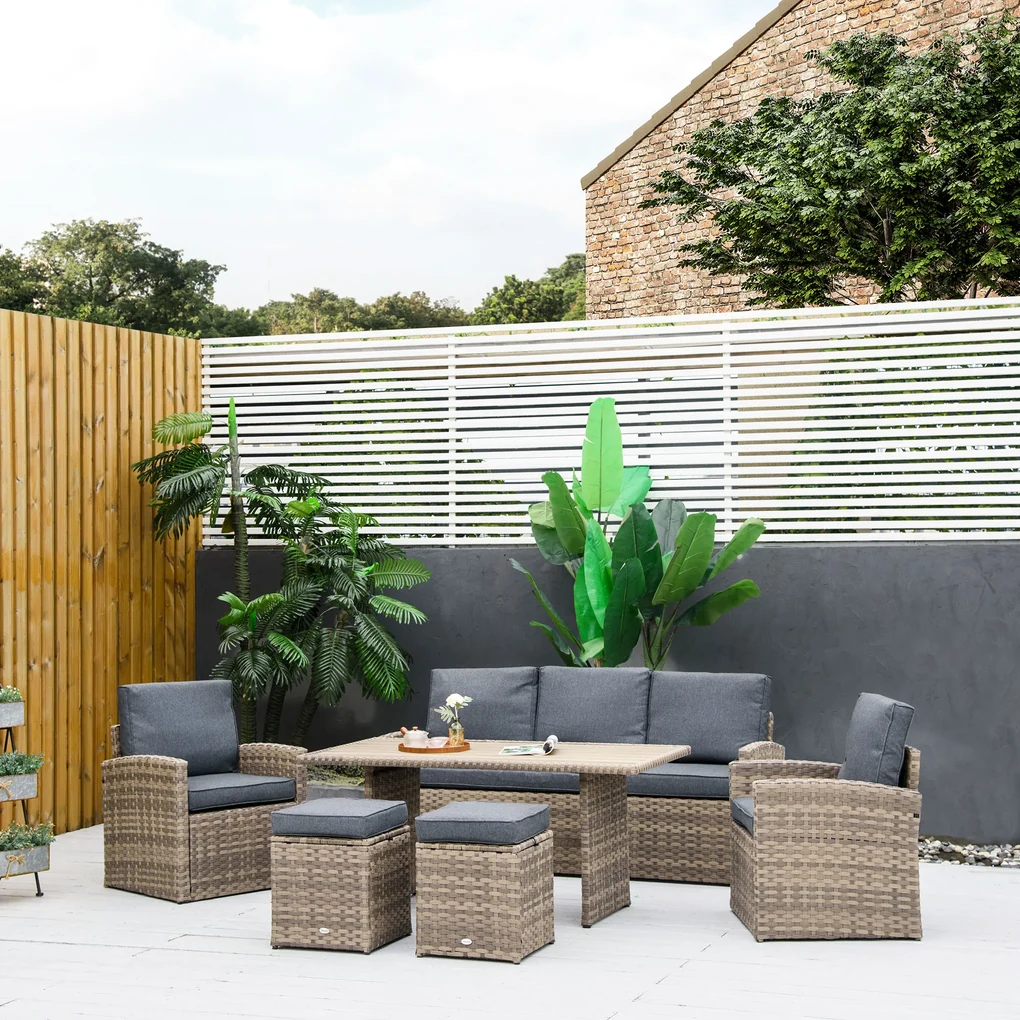 Outsunny Set Complet Mobila de Gradina, 6 Piese din Ratan PE, Include Perne Moi, Gri, Design Elegant pentru Exterior | Aosom Romania