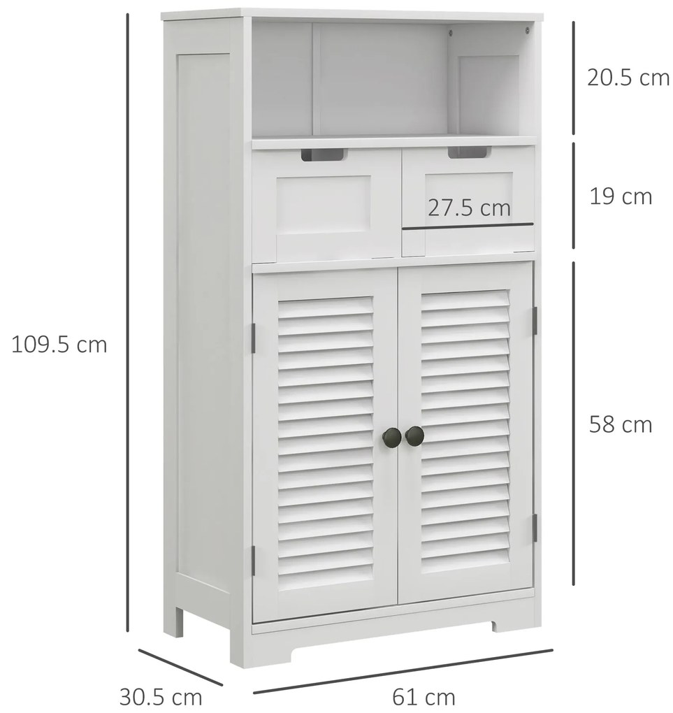 kleankin Mobila de baie dulap 2 uși raft ajustabil 2 sertare niche 61 x 30,5 x 109,5 cm alb | Aosom Romania