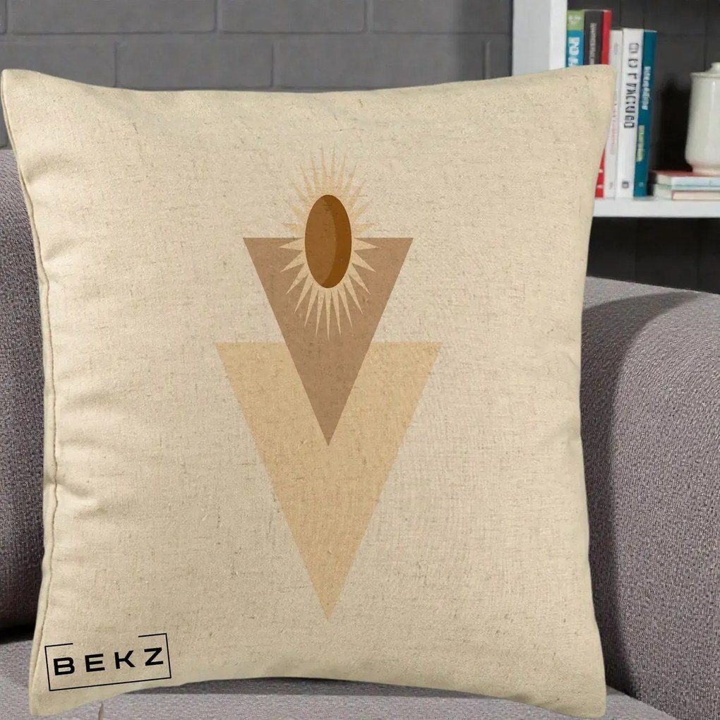 Perna Decorativa Boho Sun cu Triunghiuri Bej si Oval Solar, 40x40 cm, Bej, Husa Detasabila, Perna Inclusa, BEKZ®