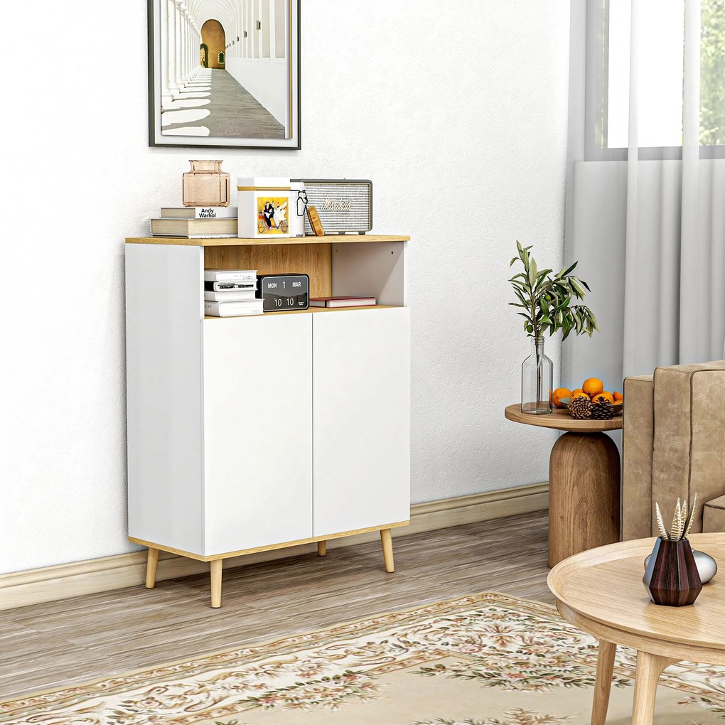 HOMCOM Mobilier de depozitare bufet pe picior scandinav dulap 2 uși cu raft interior alb și aspect lemn | Aosom Romania
