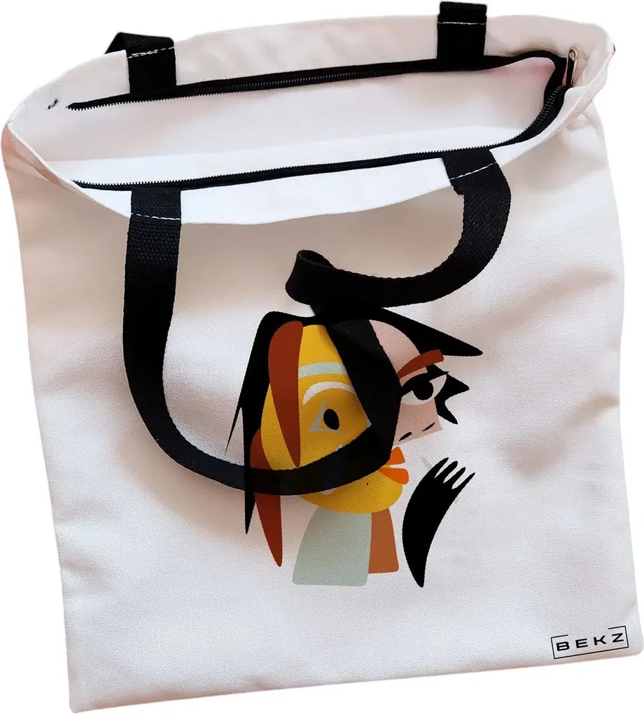 Sacosa de Panza pentru Cumparaturi, Geanta Tote, model Abstract face 2, Cu fermoar, 38x34.5 cm, Alba, BEKZ®