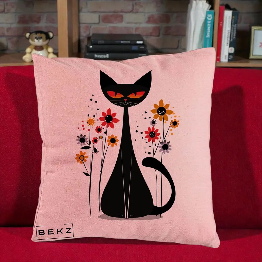 Perna Decorativa Pisica Neagra Ochi Rosii Flori, 40x40 cm, Roz, Husa Detasabila, Perna Inclusa, BEKZ®