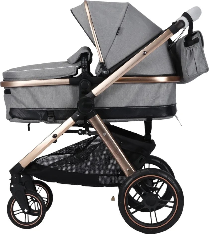 Carucior nou nascuti 2 in 1 NOVOKIDS™ X2000 series, Cu geanta bebe, Cadru Aluminiu Gold, Amortizoare, Roti din cauciuc plin AVE, Landou, Spatar
