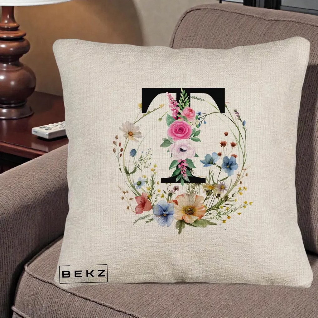 Cadou Personalizat - Perna Personalizata Monogram Litera T cu Flori Acuarela, 40x40 cm, Bej Canapea, Husa Detasabila, Perna Inclusa, BEKZ®