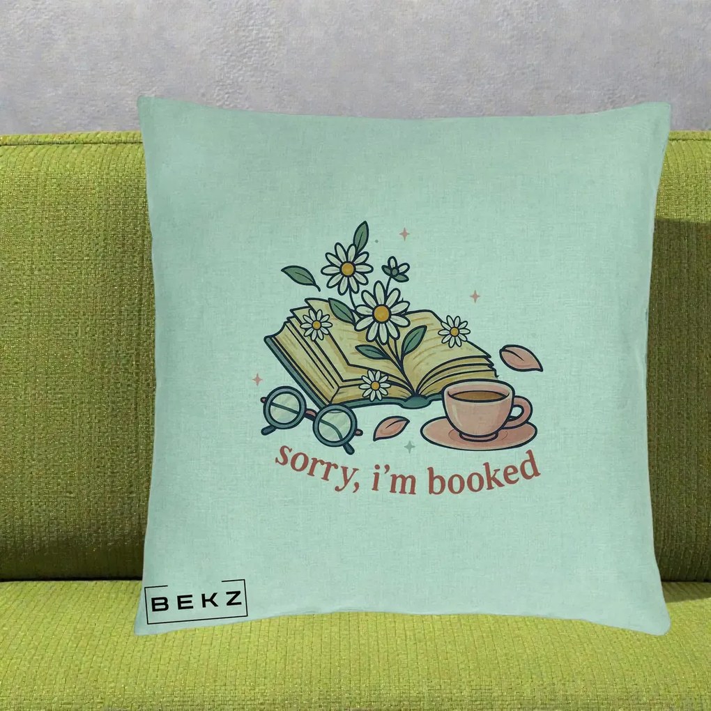 Perna Personalizata Sorry I'm Booked Carti Flori, 40x40 cm, Verde Menta, Husa Detasabila, Perna Inclusa, BEKZ®
