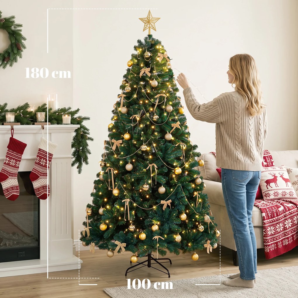 HOMCOM Brad de Crăciun Artificial 180 cm cu 240 Lumini LED, 755 Ramuri din PVC, Stea, Globuri, Fundițe, Verde | Aosom Romania