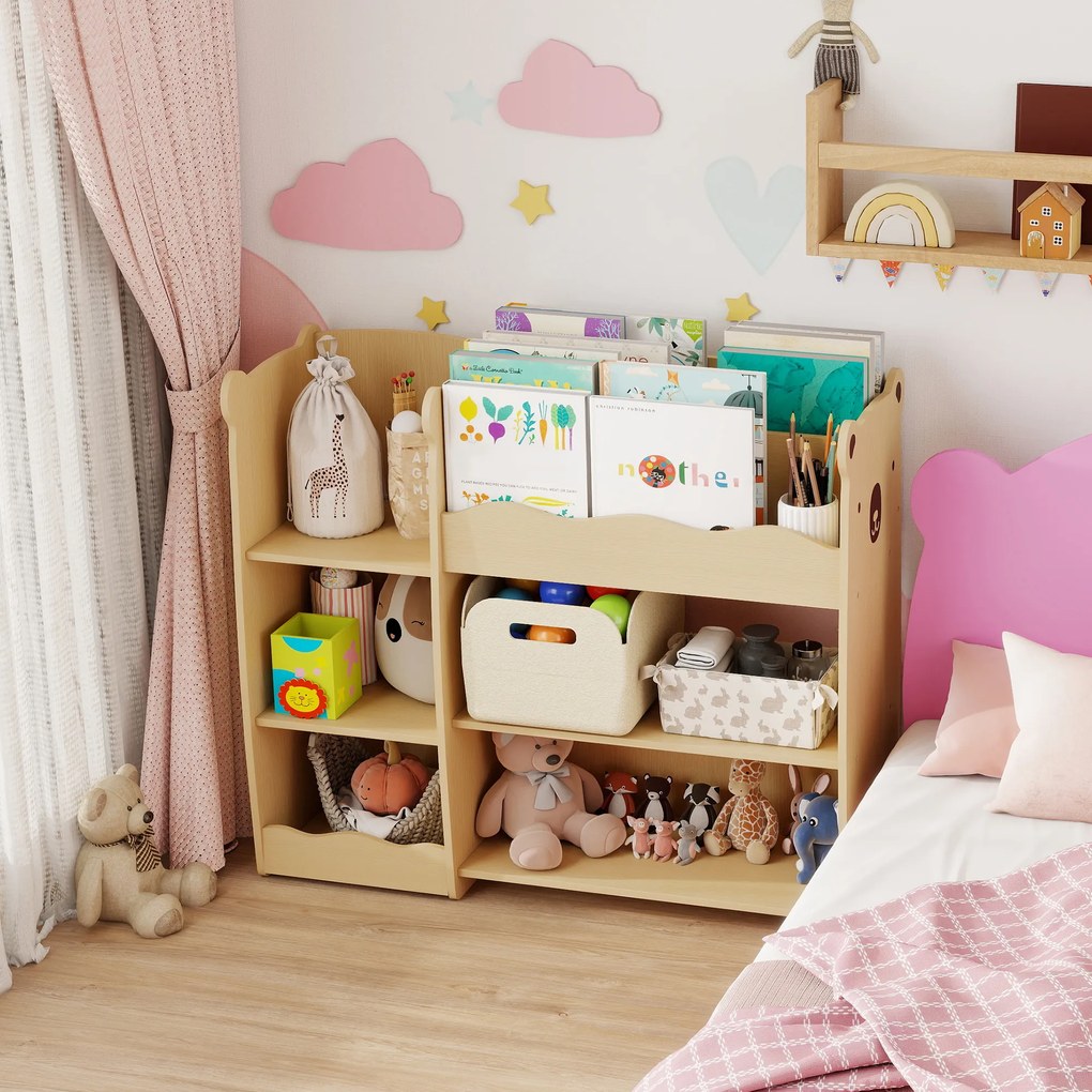 AIYAPLAY Raft pentru Jucării pentru Copii 3-8 Ani cu 7 Rafturi Deschise, Mobilier pentru Copii din MDF, 92x29x79 cm, Culoare Lemn | Aosom Romania