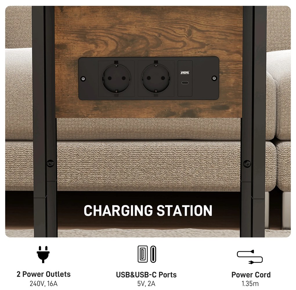 HOMCOM Măsuță de cafea în formă de C, extensibilă, cu 2 stații de încărcare, lemn și metal, 39x29x57 cm, negru și maro | Aosom Romania