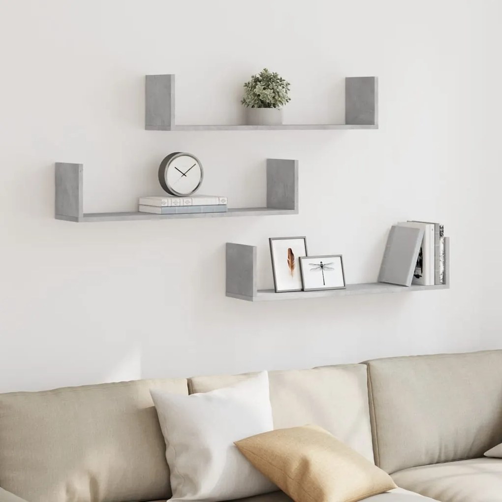 vidaXL Rafturi perete, 3 buc., gri beton, 80x18x18 cm, lemn prelucrat
