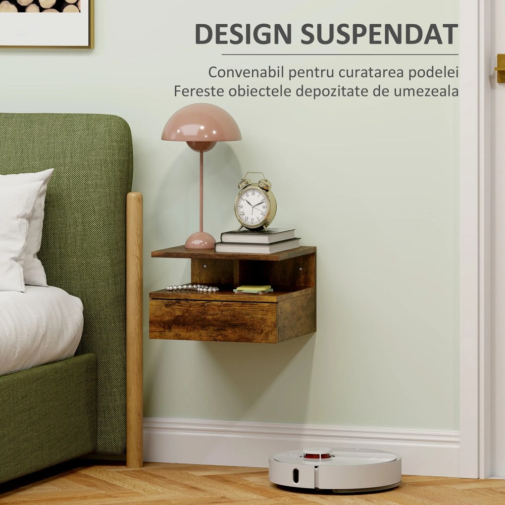 HOMCOM Set de 2 Noptiere Suspendate cu Sertar și Poliță Superioară, 35x32x22.5 cm, Lemn Natural | Aosom Romania