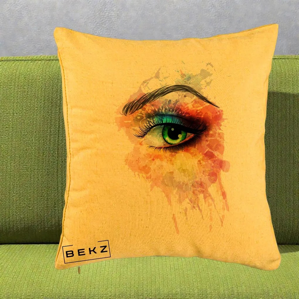 Perna Decorativa Ochi Verde Acuarela, 40x40 cm, Galben, Husa Detasabila, Perna Inclusa, BEKZ®
