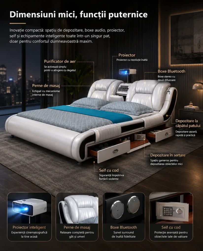 MOB05 Premium 180x200 cm Light Grey Left Drawer – Pat Inteligent Premium cu Proiector, Purificator de Aer, Vibromasaj, Boxe Bluetooth, Seif Integrat și Spații de Depozitare