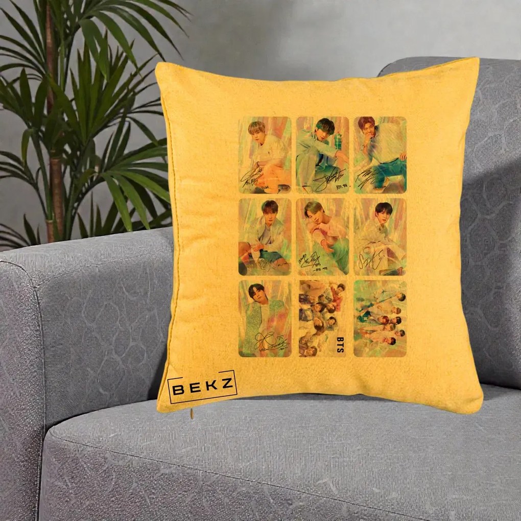 Perna Personalizata K-pop BTS Colaj 9 Fotografii Autografe Individual, 40x40 cm, Galben, Husa Detasabila, Perna Inclusa, BEKZ®