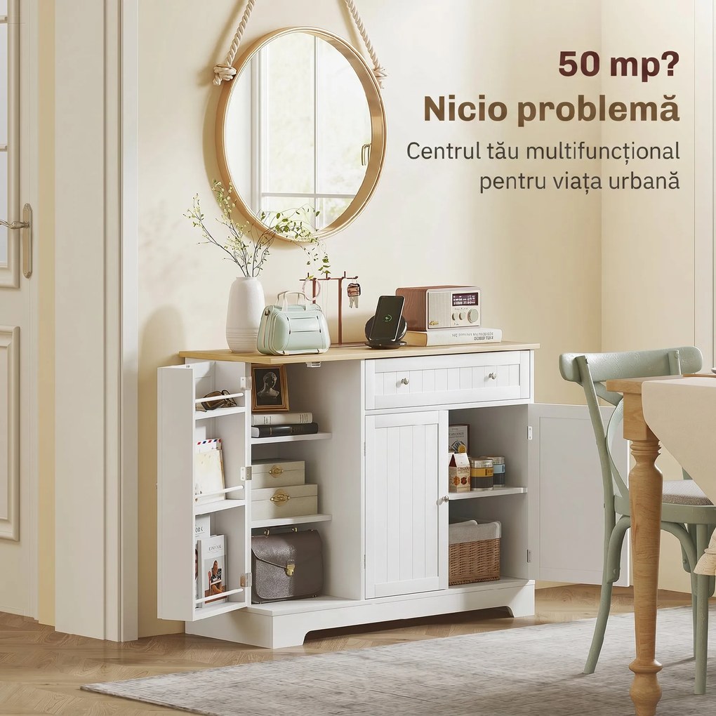 HOMCOM Comodă Modernă cu Spațiu de Depozitare, Bufet cu Sertar, Rafturi Reglabile, Mică Cămară de Bucătărie cu Rafturi Interioare, Alb | Aosom Romania
