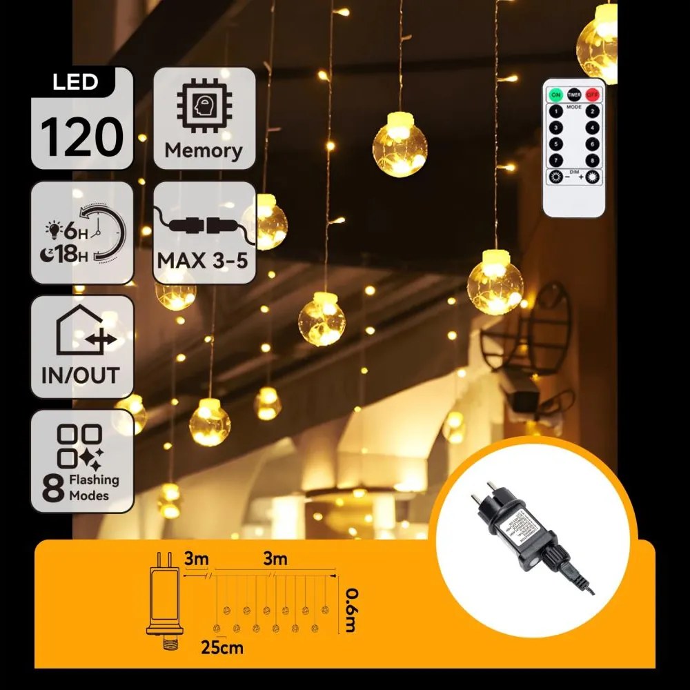 Aigostar - Ghirlandă LED de exterior pentru Crăciun, 120 LED, 6 W, 230 V, 8 moduri, 3 x 0,6 m, IP44, alb cald + telecomandă