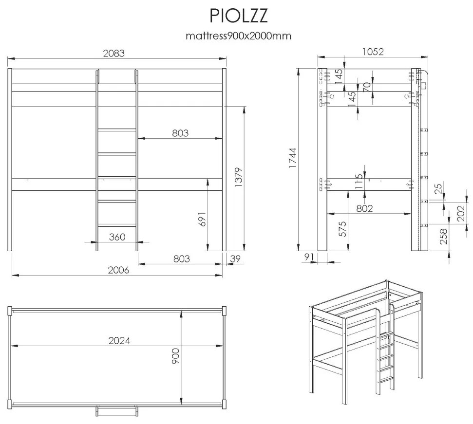 Pat copii PINO LOFT FĂRĂ CANAPEA EXTENSIBILĂ 90 X 200 CM GRI