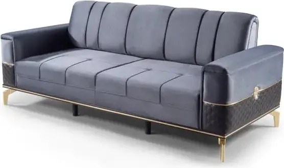 Canapea extensibila cu 3 locuri living – stofa gri, detalii aurii – Extra