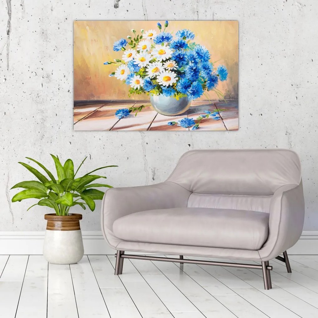 Tablou pictat cu vaza și flori (90x60 cm)