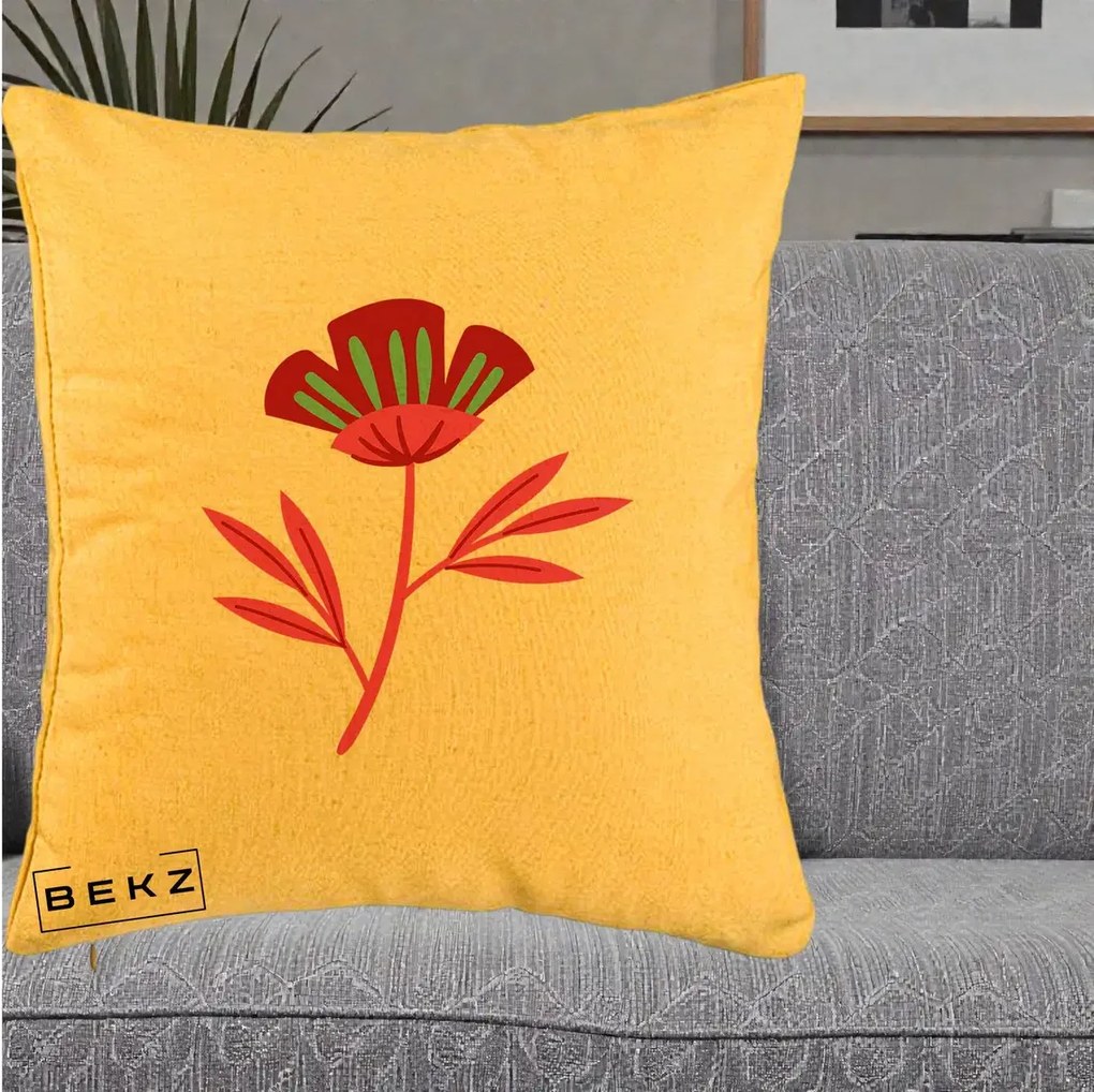 Perna Decorativa Floare Macul Roz-Rosu Grafic, 40x40 cm, Galben, Husa Detasabila, Perna Inclusa, BEKZ®