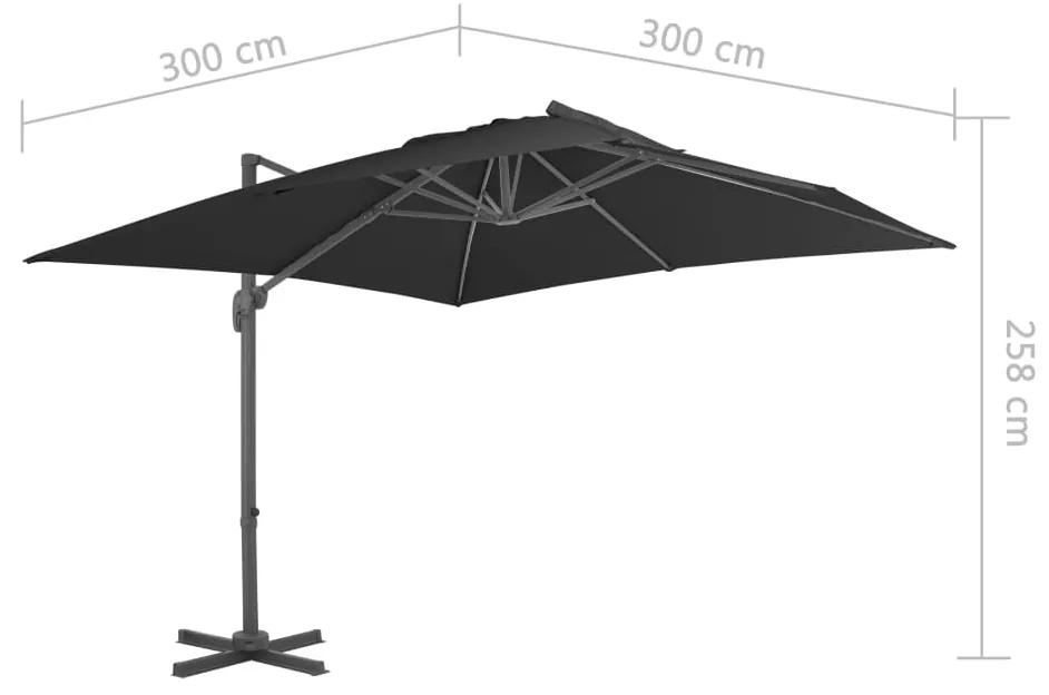 Umbrela suspendata cu stalp din aluminiu, negru, 3 x 3 m Negru, 300 x 300 cm