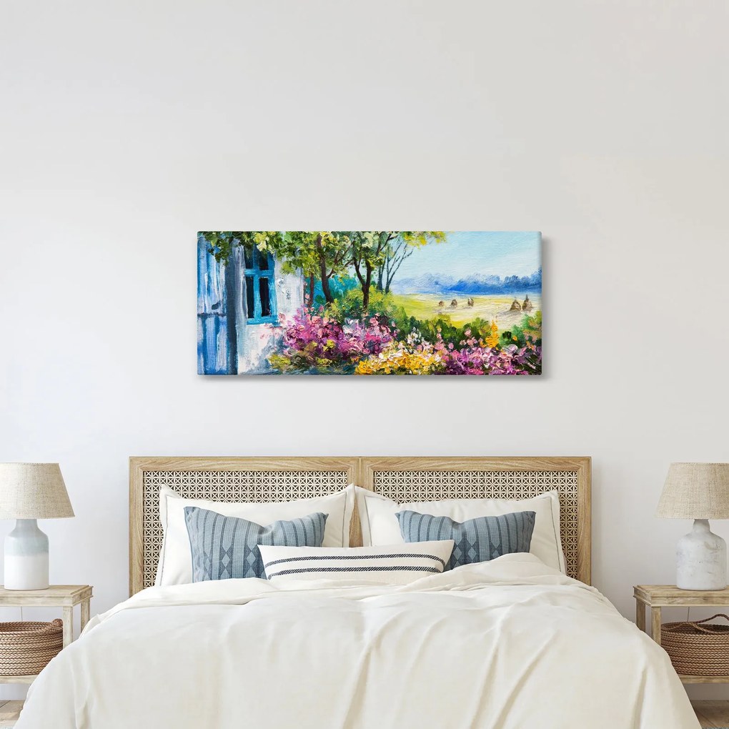 Tablou - Grădina din fața casei, pictură în ulei (120x50 cm)