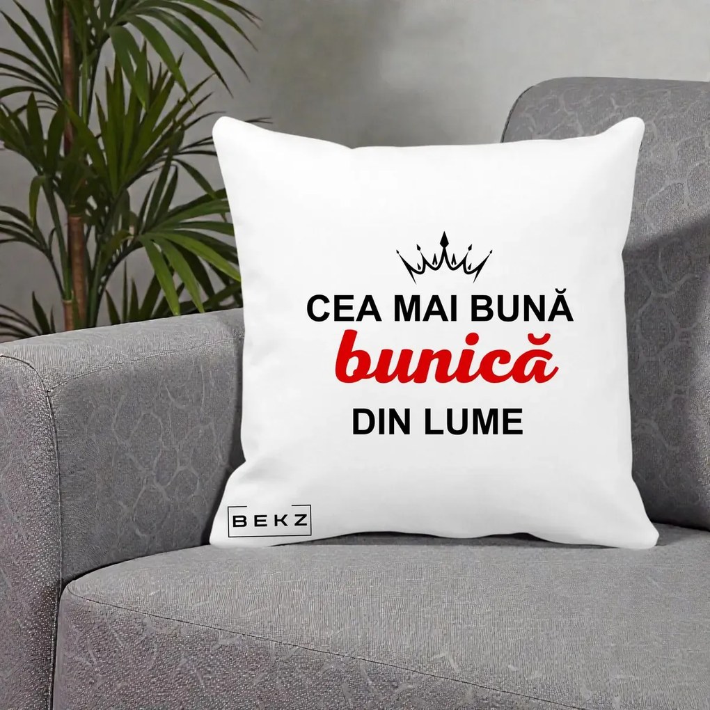 Cadou pentru Bunica - Perna Personalizata Cea Mai Buna Bunica Din Lume Coroana Neagra, 40x40 cm, Alba Mata, Husa Detasabila, Perna Inclusa, BEKZ®