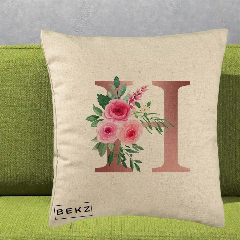 Cadou Personalizat - Perna Personalizata Monograma Rose Gold Litera H, 40x40 cm, Bej, Husa Detasabila, Perna Inclusa, BEKZ®