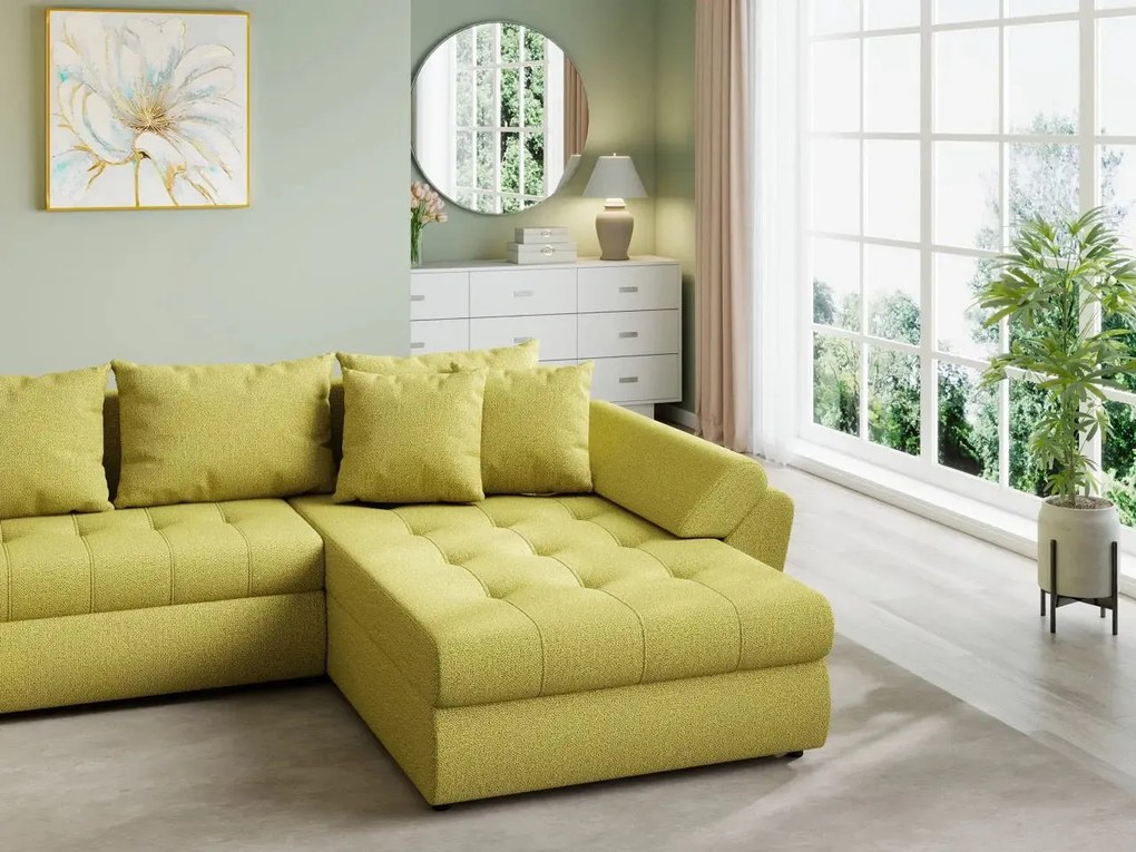 Colțar extensibil dumonde cu ladă de depozitare si sezut confortabil din spuma high-density, Loana U Enjoy Green 355x185 cm